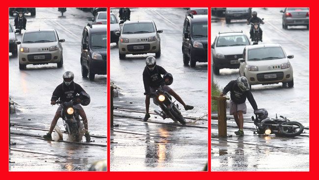 FOTOS FERNANDO PRIAMO/04-02-14 Tribuna flagrou momento em que motociclista foi vítima do desnível no asfalto no Mariano